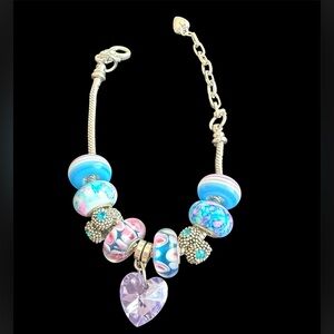 Handmade Silver Charm Bracelet with Blue, Pink & Purple Beads and Heart Pendant